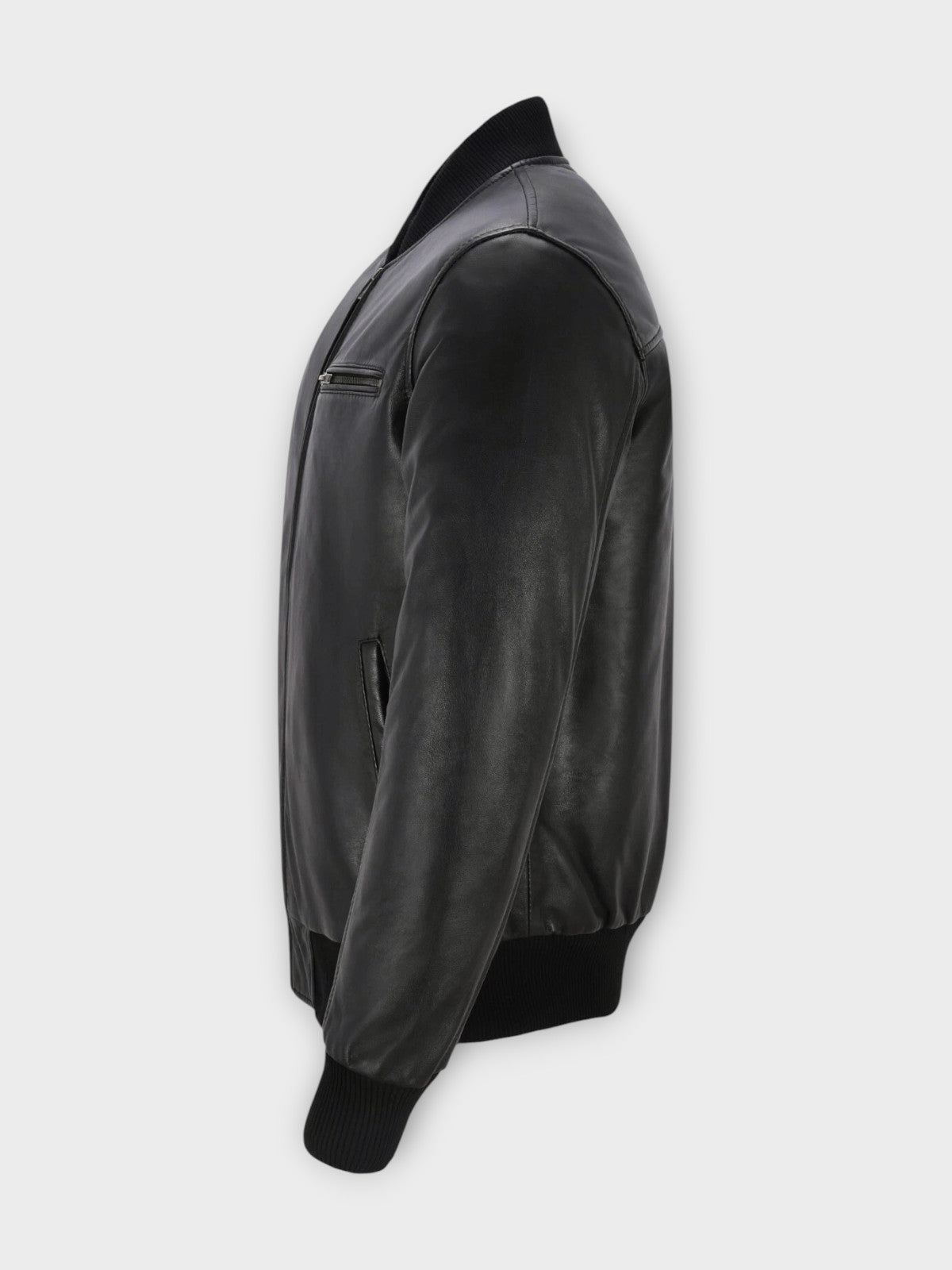 Men's Ribbed Collar Black Leather Bomber Jacket