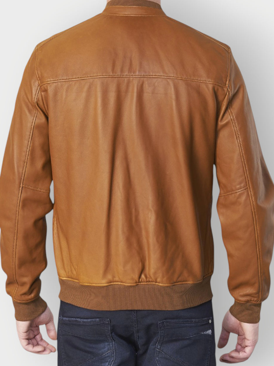 Men's Tan Leather Bomber Jacket