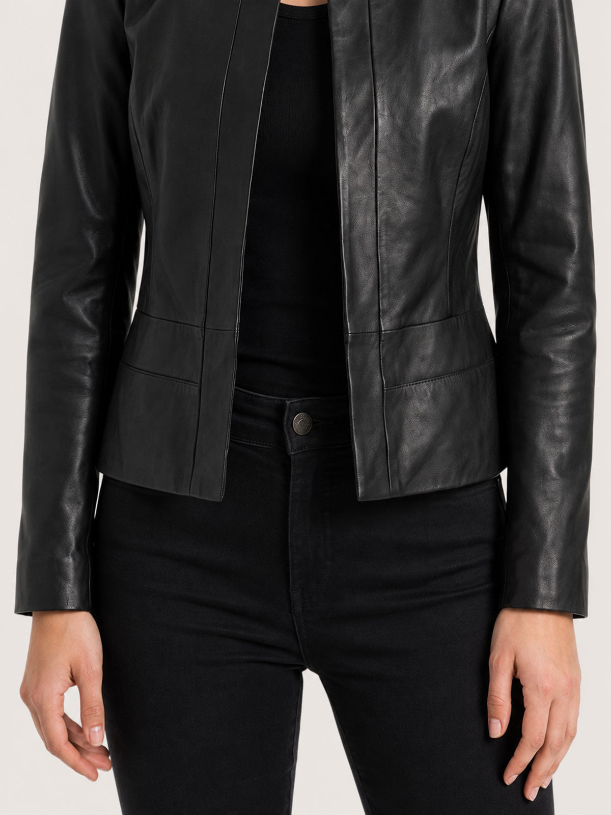 Women's Black Open Front Leather Jacket