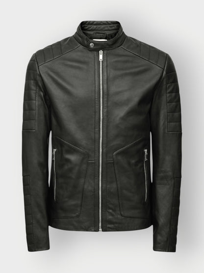 Men's Black Leather Quilted Jacket