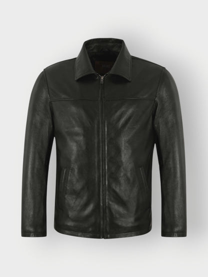 Men's Collared Zip-Up Leather Jacket