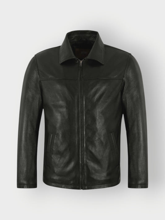 Men's Collared Zip-Up Leather Jacket