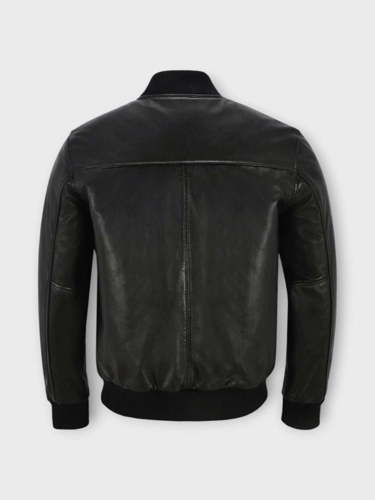 Men's Ribbed Collar Black Leather Bomber Jacket