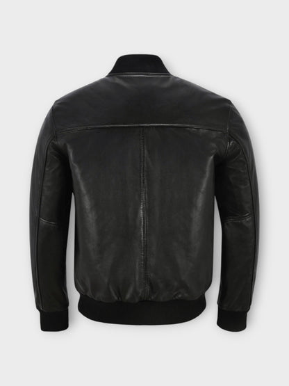 Men's Ribbed Collar Black Leather Bomber Jacket