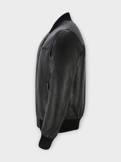 Men's Ribbed Collar Black Leather Bomber Jacket