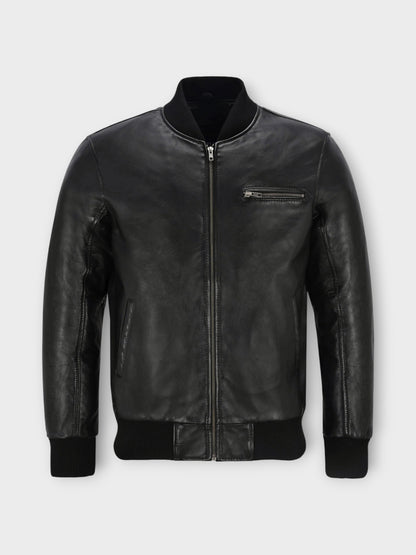 Men's Ribbed Collar Black Leather Bomber Jacket