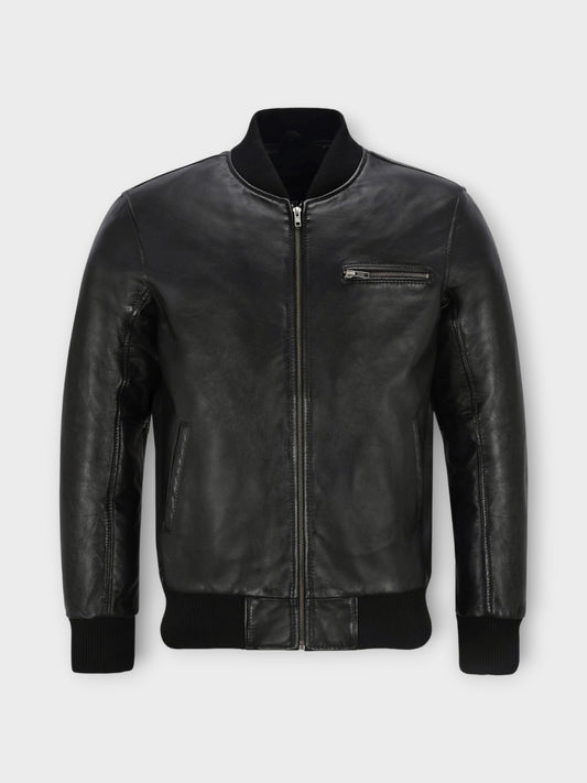 Men's Ribbed Collar Black Leather Bomber Jacket