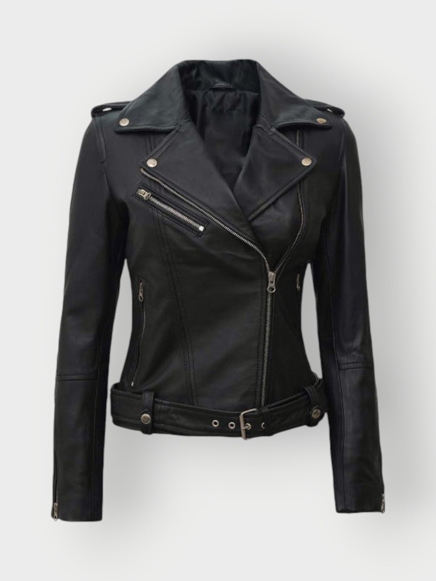 Women’s Black Belted Motorcycle Leather Jacket