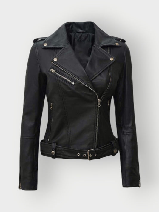 Women’s Black Belted Motorcycle Leather Jacket