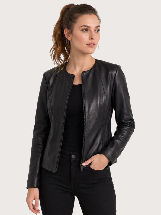 Women's Black Collarless Leather Jacket