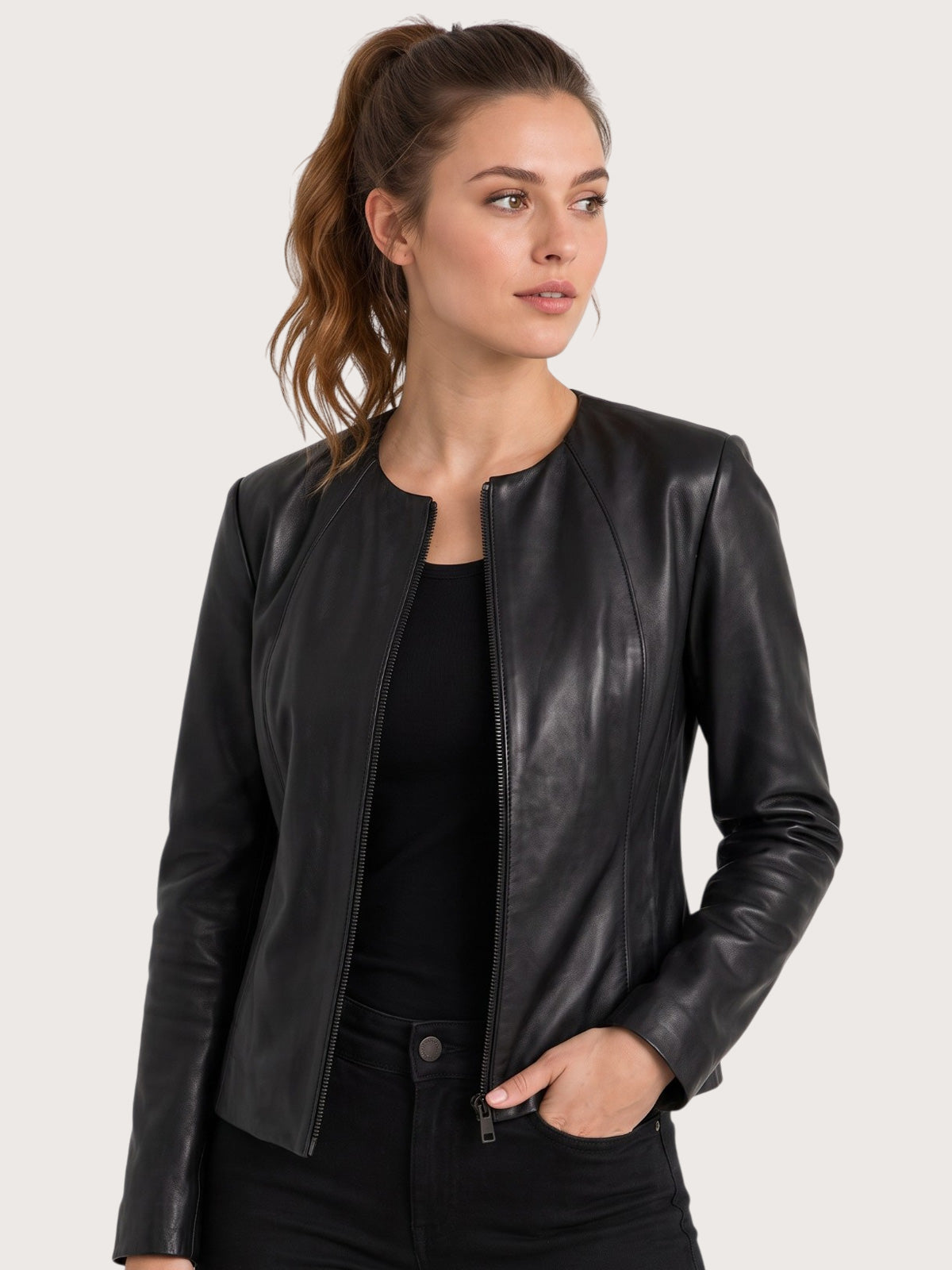 Women's Black Collarless Leather Jacket