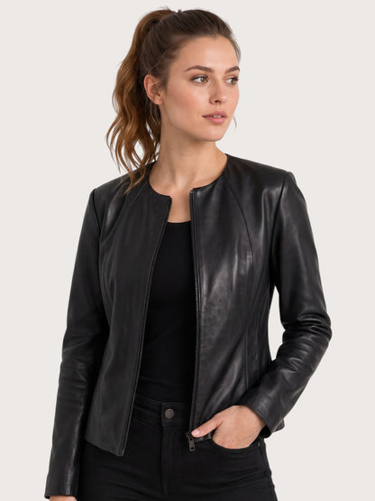 Women's Black Collarless Leather Jacket
