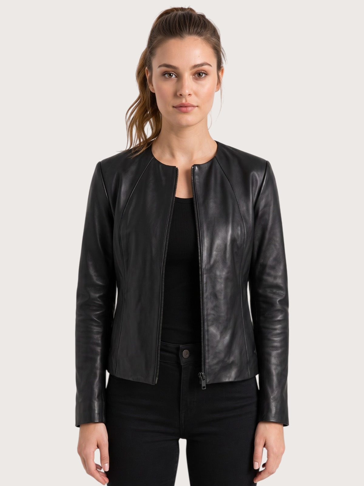 Women's Black Collarless Leather Jacket