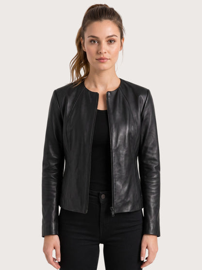 Women's Black Collarless Leather Jacket