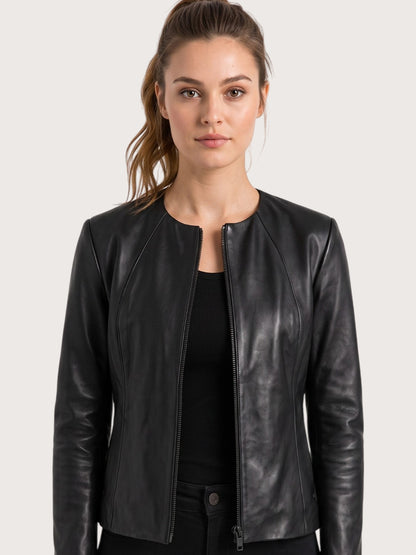 Women's Black Collarless Leather Jacket