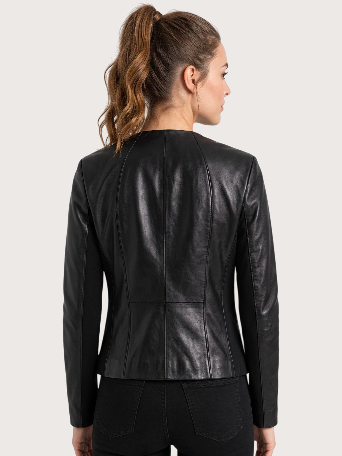 Women's Black Collarless Leather Jacket