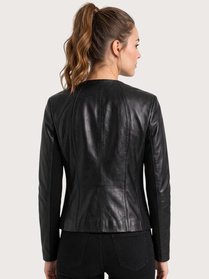 Women's Black Collarless Leather Jacket