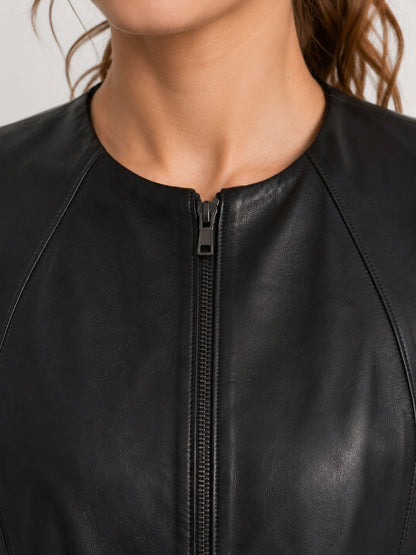 Women's Black Collarless Leather Jacket