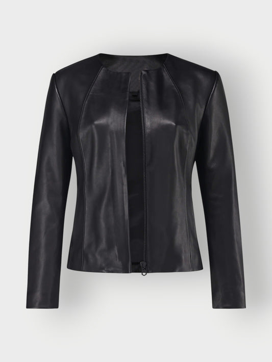 Women's Black Collarless Leather Jacket