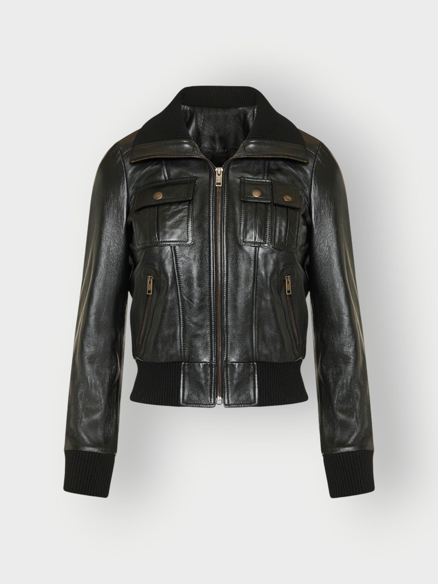 Women's Black Leather Bomber Jacket