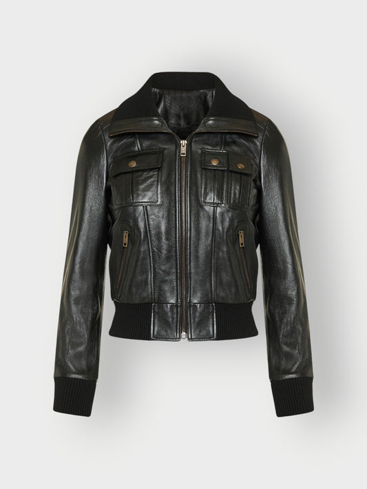 Women's Black Leather Bomber Jacket