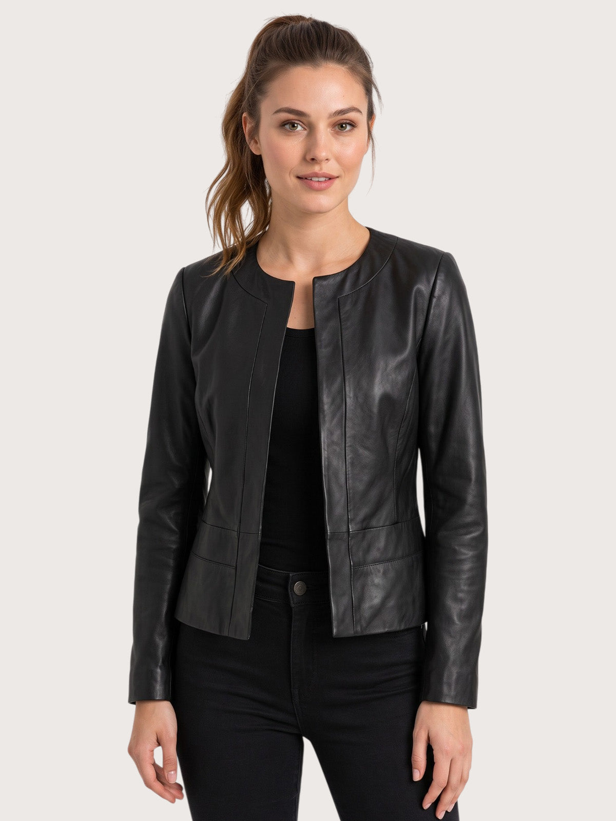 Women's Black Open Front Leather Jacket