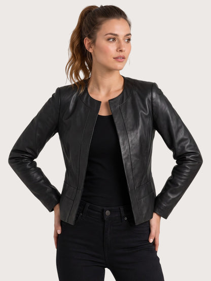 Women's Black Open Front Leather Jacket