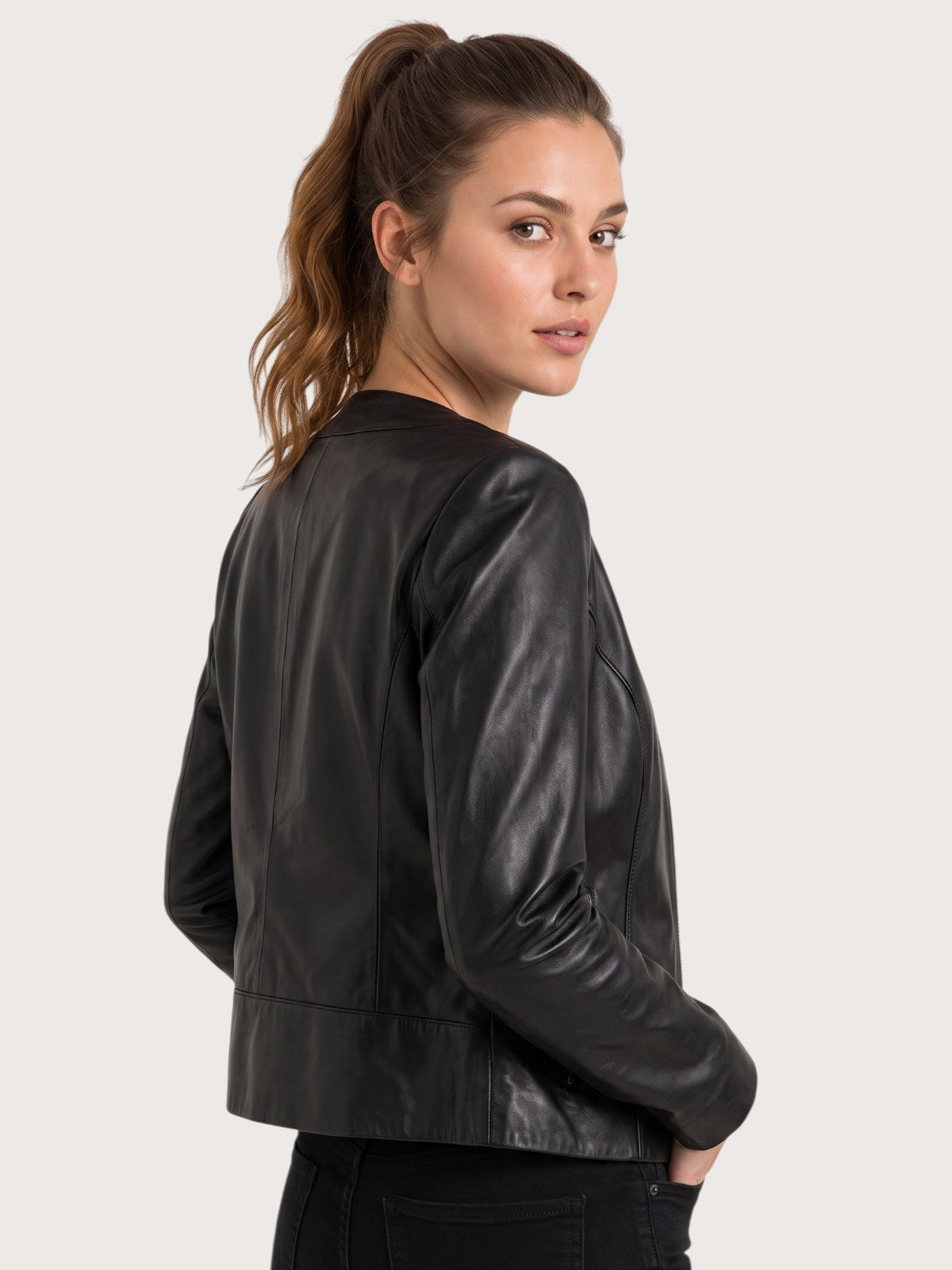 Women's Black Open Front Leather Jacket