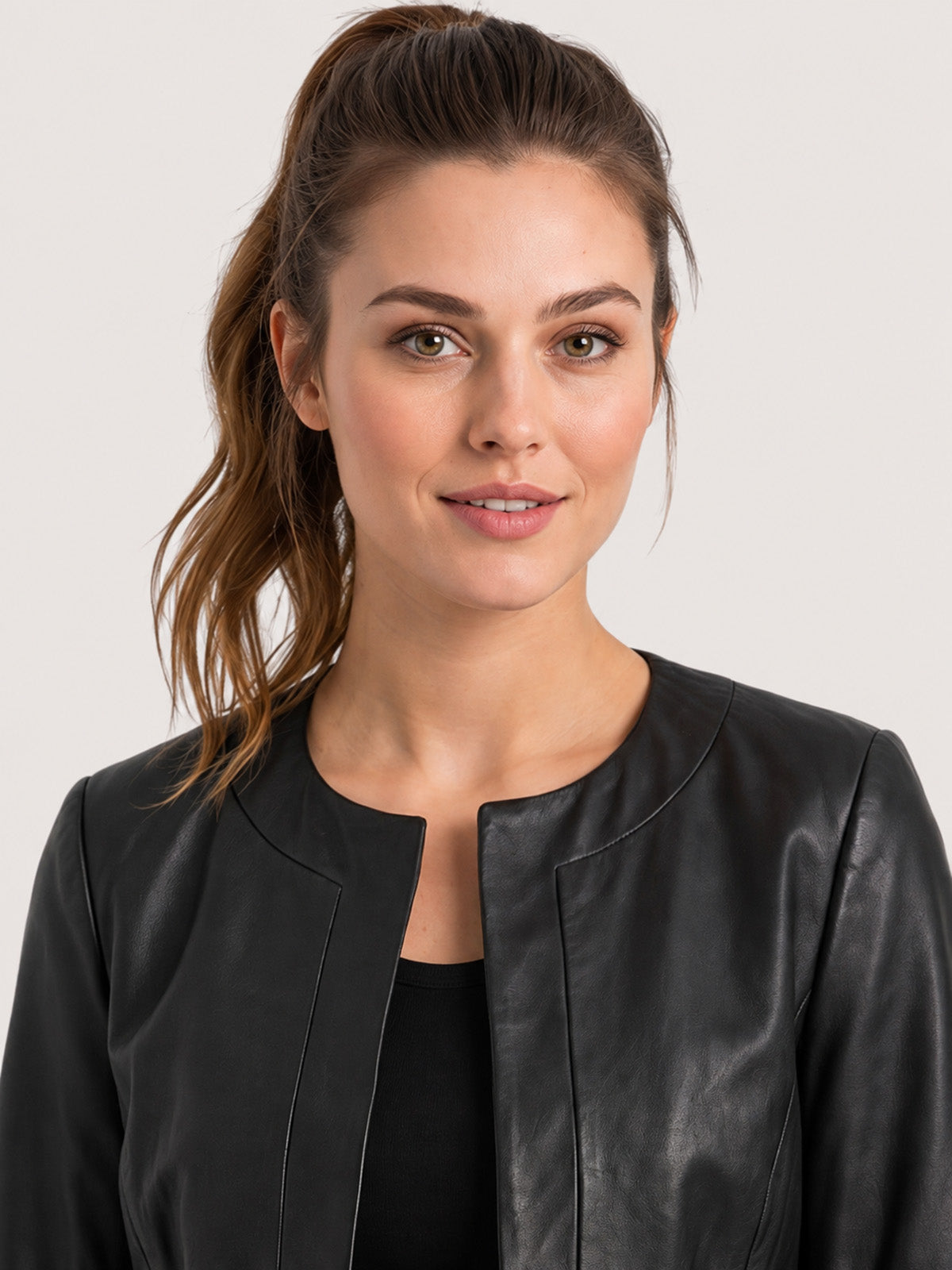 Women's Black Open Front Leather Jacket