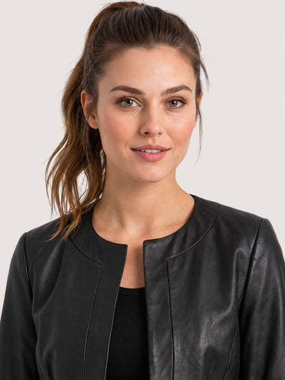 Women's Black Open Front Leather Jacket