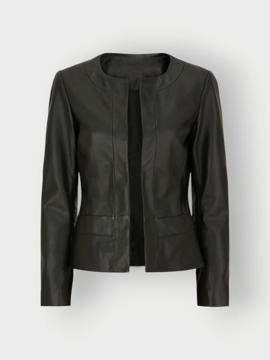 Women's Black Open Front Leather Jacket