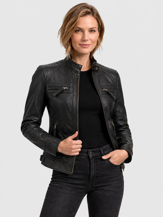 Women’s Fitted Leather Cafe Racer Jacket